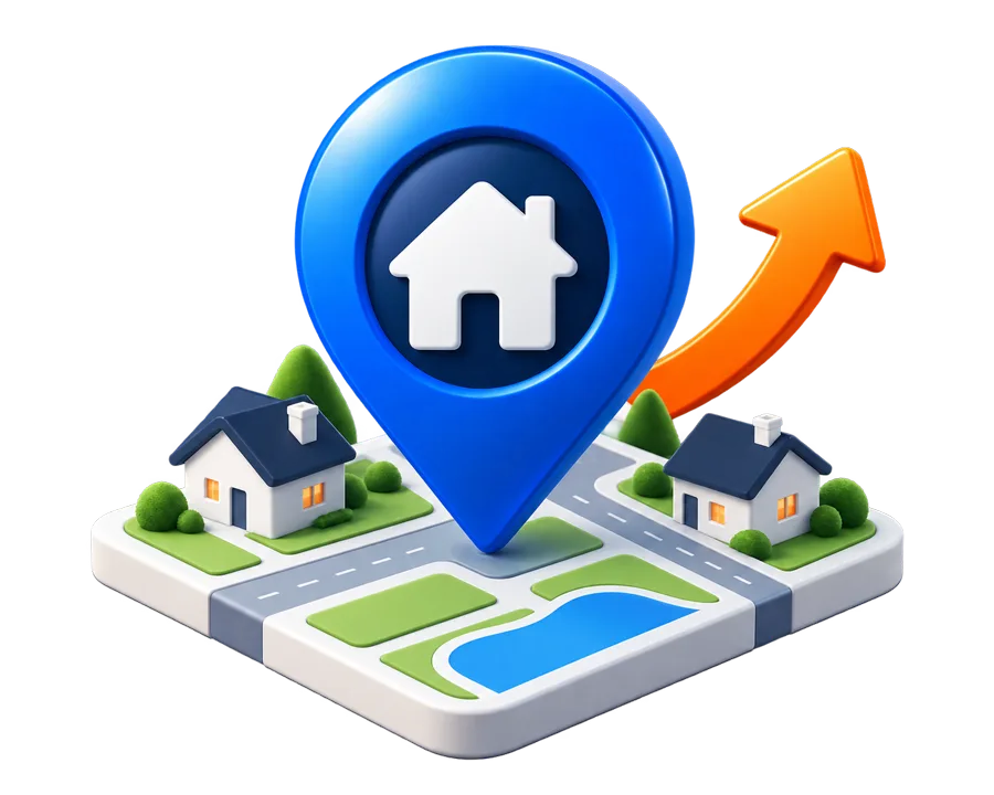 Illustration of a location pin and homes on a neighborhood map